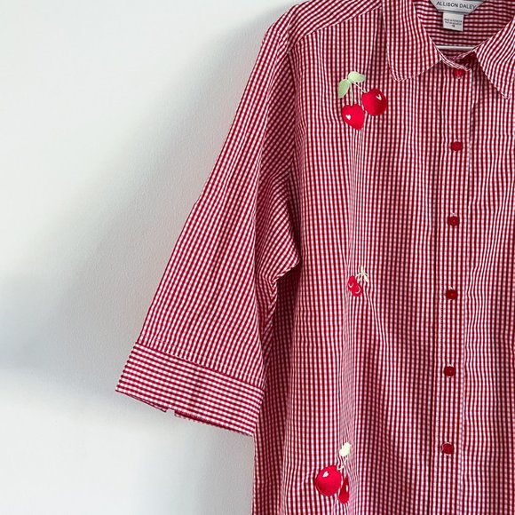 Vintage Allison Daley Oversize Red White Gingham Cherry Embroidery Sz 18 (XXL) - Picture 2 of 8